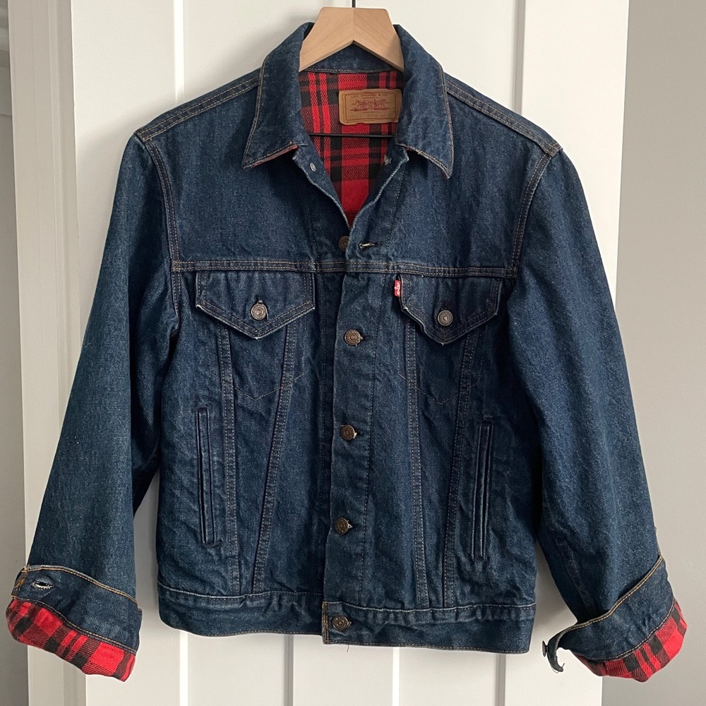 Vintage Levis Denim Trucker Jacket Red Buffalo Check Flannel Lined Small USA
